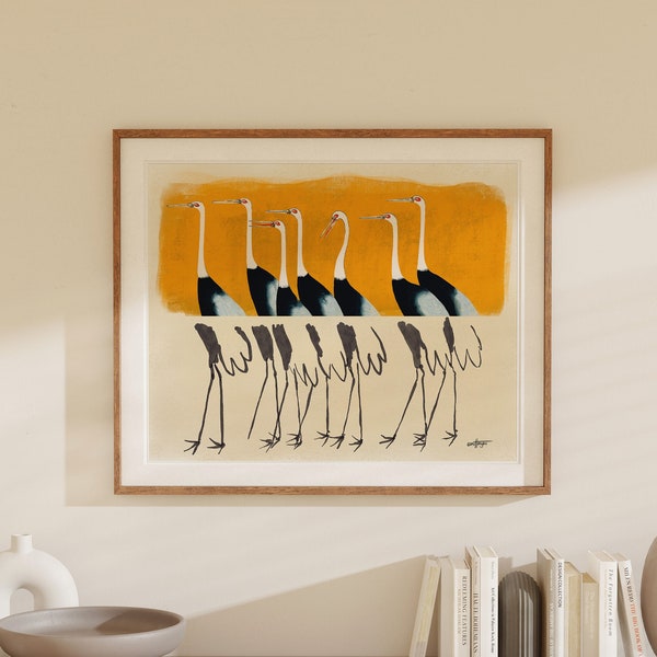 Vintage Japanese Crane Birds in Traditional and Abstract Art Styles with Yellow Color Background, Statement Art Print or Gallery Wall Art