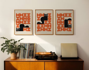 Set of 3 Bauhaus Black Cat Prints – Scandinavian Mid-Century Modern Wall Art in Retro Burnt Orange, Geometric Minimalist Decor