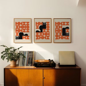 Set of 3 Mid Century Modern Cats in Orange Bauhaus Pattern, Retro Minimalistic Scandinavian Design Aesthetic, Black Cat Art Gift