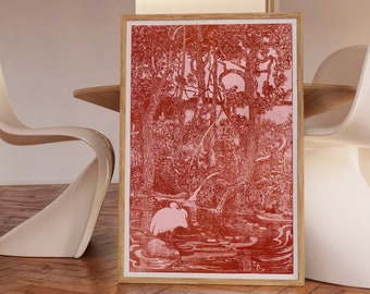 Arte mural vintage de aves acuáticas: impresión de paisaje Art Nouveau en rojo, estilo bohemio maximalista de la Regencia de Hollywood, decoración de gran tamaño.