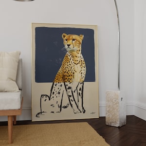 Contemporary Cheetah Drawing in Realistic and Abstract Art Styles with Charcoal Blue Background, Statement Art Print or Gallery Wall Art image 1