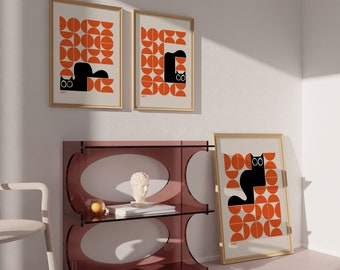 Mid Century Modern Cat in Orange Bauhaus Pattern Choose Whole Set or Individual Prints, Minimalistic Scandinavian Design, Black Cat Art Gift