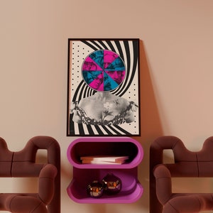 Retro Surrealism Wall Art Print, Trippy Eclectic Collage, Vintage Faces in Game wheel, Black and White Woman&#39;s Bust, Pop of Pink and Blue