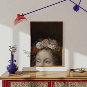 Detail of Woman wearing Flower Crown - Dark Aesthetic Decor, Baroque Wall Art, Renaissance Vintage Victorian Era Painting for Gallery Wall