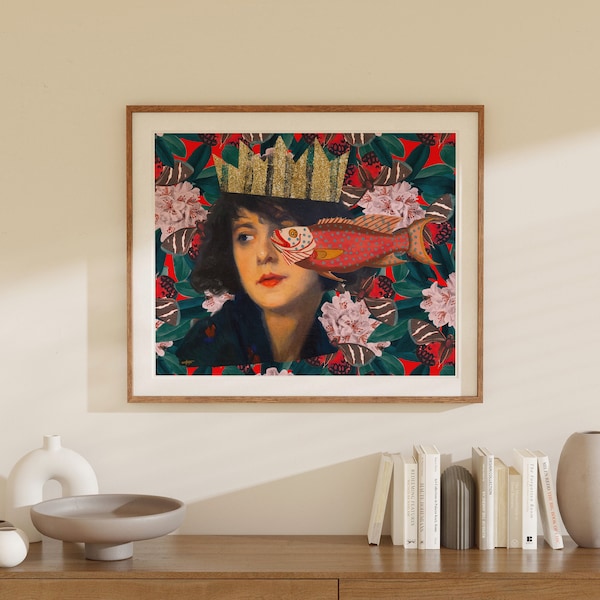 Maximalist Hollywood Regency Wall Art, Eclectic Collage of Classic Painting, Woman in Gold Glitter Crown with Fish, Flowers and Butterflies