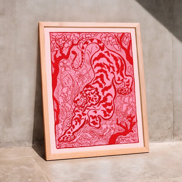 Maximalist Vintage Pink and Red Tiger Print: Stylish Contemporary Home Interior, Eccentric Art Decor for Any Room, Pink Kitsch Aesthetic