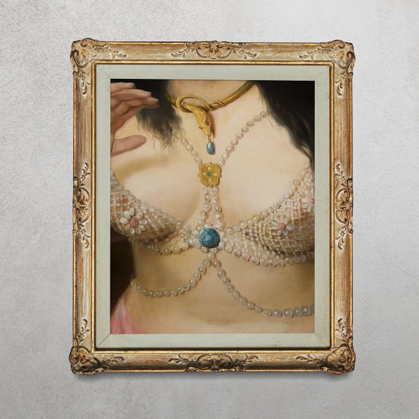 Woman's Bust Bejeweled in Pearl Gemstone Bra - Vintage Era Classical Painting, Rococo Period, Sensual Masterpiece, Fine Art Home Decor