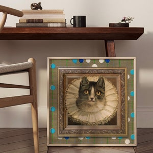 Vintage Cat wearing a Frill Collar in image of Ornate Old Frame on Polka Dot Background - Maximalist Quirky Cat , Funny Gift for Cat Mom/Dad