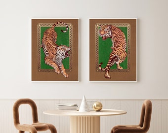 Set of 2 Illustrated Tigers with Ornate Borders – Minimalist Vintage Jungle Cat Wall Art, Contemporary Home Decor Prints, Framing Options