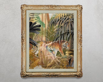 Vintage Woman and Tiger in Tropical Courtyard – Maximalist Hollywood Regency Wall Art with Gold Tones, Glam Statement Jungle Print