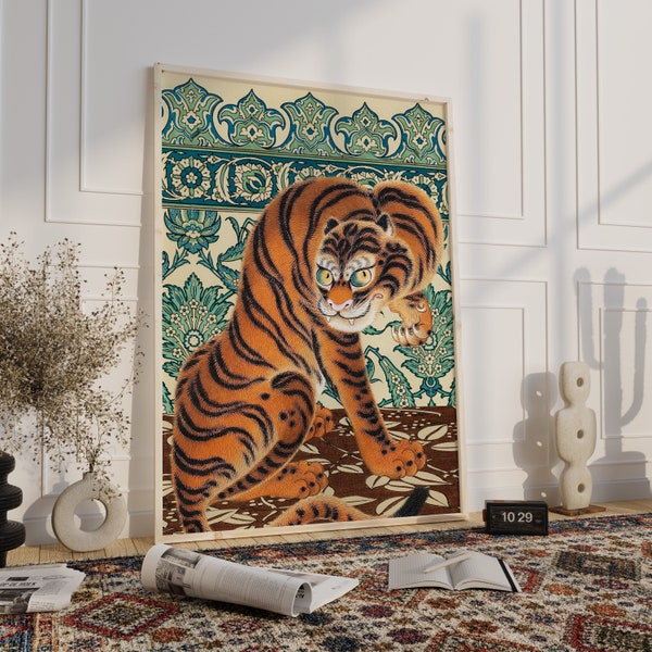 Oriental Vintage Tiger on Pattern Background : Maximalist Hollywood Regency, Eclectic, Bohemian Art Print