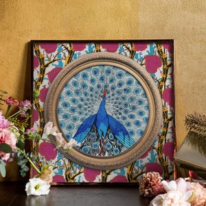 Maximalist Blue Peacock Wall Art – Bold Pattern Background with Ornate Gold Frame Look, Unique Hollywood Regency Decor Gift Idea