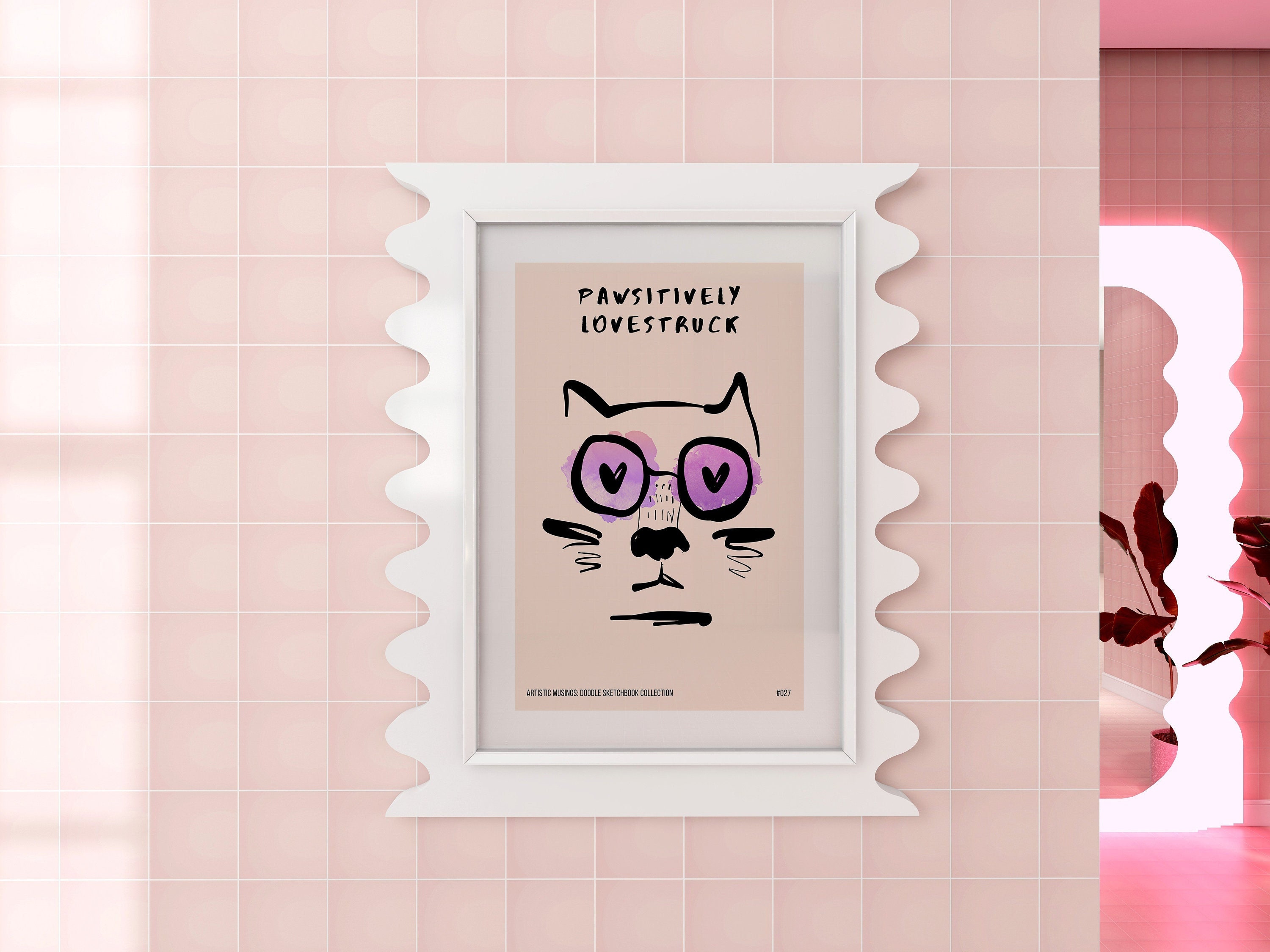 Trendy Boho Lovestruck Cat Wearing Heart Eye Glasses Illustration Line Art  Ink Drawing : Minimalistic Modern Stylish Bohemian Poster Print 