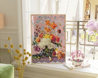ヴィンテージ静物画風花瓶、ピンク柄 – マキシマリスト