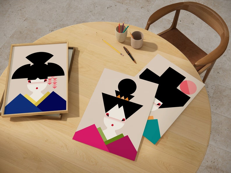 Set of 3 Bauhaus Japanese Geisha Girls Art Print Mid Century Modern Minimalistic Decor, Available in Multiple Sizes image 3