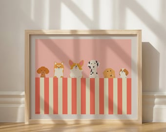 Sweet Minimalistic Dogs Peeking over Pink and White Striped Fence in Horizontal Design, Abstract Dog Breeds Poster for Nursery Wall Art