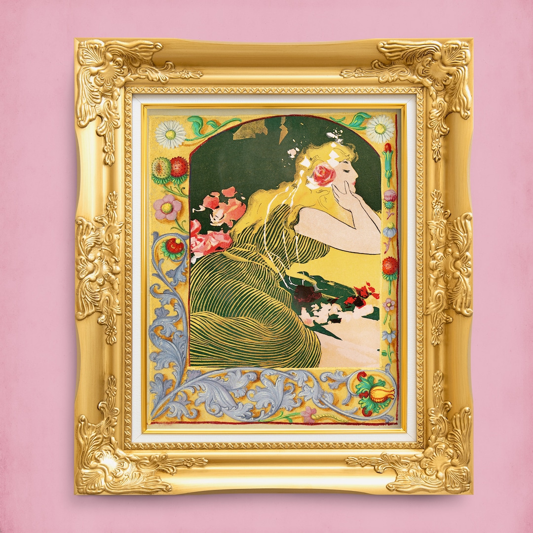 Lounging Woman in Vintage Ornate Floral Filigree Border