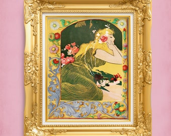 Lounging Woman in Vintage Ornate Floral Filigree Border : Glamorous Maximalist Hollywood Regency Wall Art Print in Green and Gold