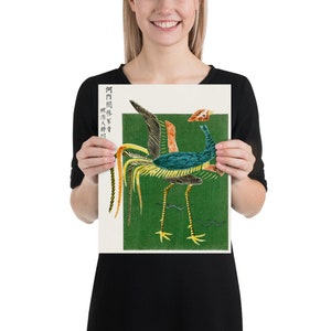May include: A vintage Japanese woodblock print of a rooster with a green background. The rooster is depicted in a stylized manner with a long tail and a red comb. The print is titled "The Rooster" in Japanese characters.