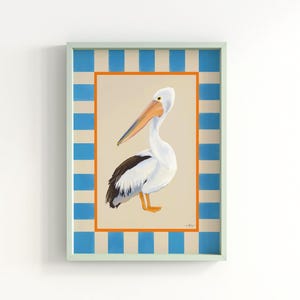Pelican Wall Art Print, Coastal Bird Poster with Blue Stripe Border, Whimsical Animal Illustration, Modern Nautical Decor for Beach Homes