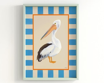 Pelican Wall Art Print, Coastal Bird Poster With Blue Stripe