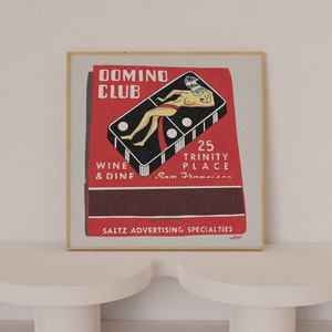 Domino Showgirl Retro Matchbook Art Print – 1950s Pin-Up Lounge Decor, Vintage Style Poster for Bar, Man Cave, or Dining Room