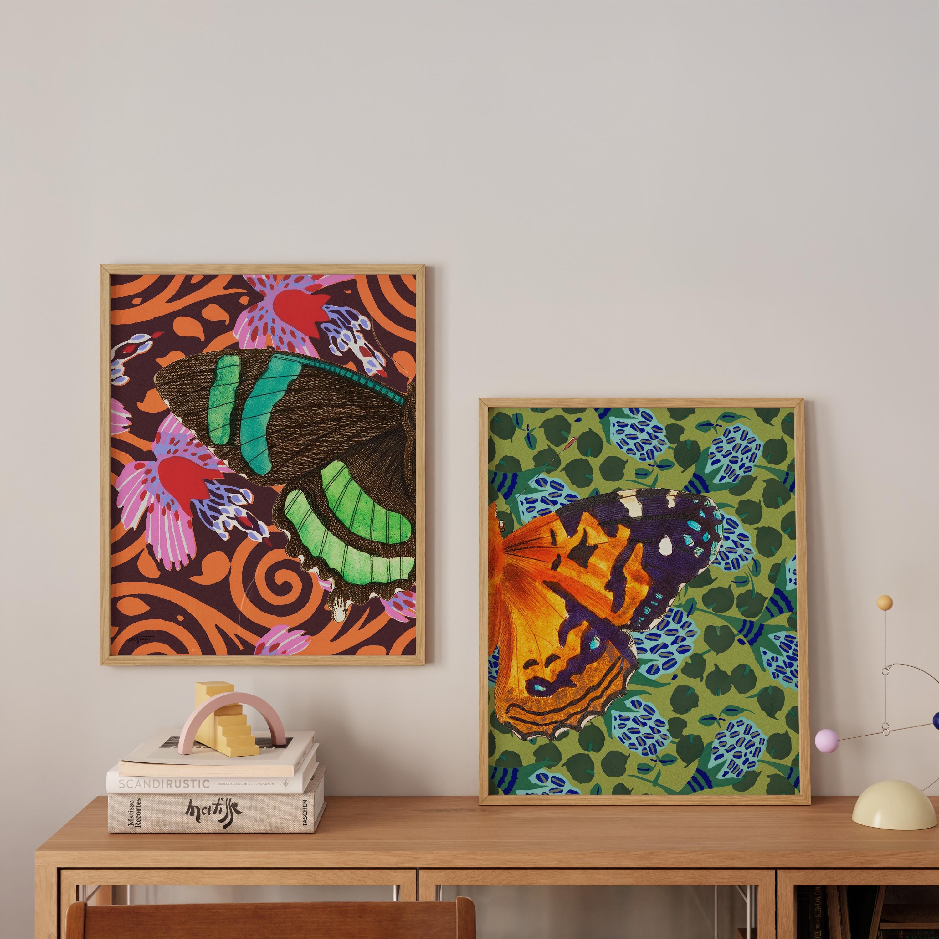 Set of 2 Butterfly Prints on Patterned Background, Maximalist Statement Wall Art for Nature Lovers, Each Print Showcases Half the Butterfly