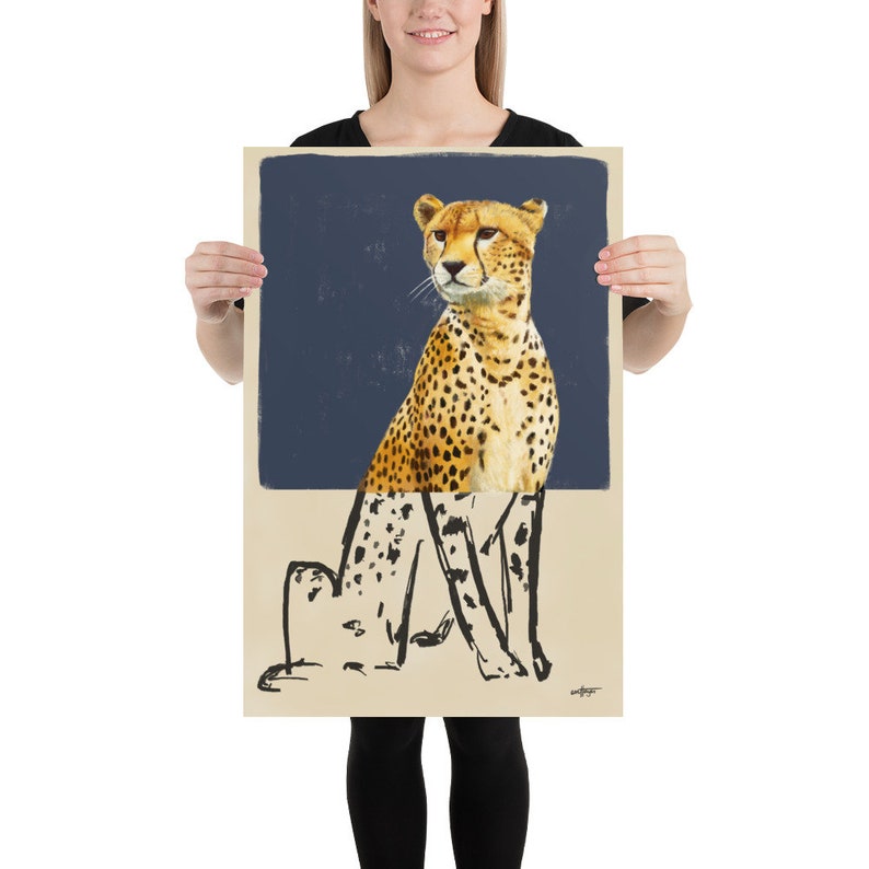 Contemporary Cheetah Drawing in Realistic and Abstract Art Styles with Charcoal Blue Background, Statement Art Print or Gallery Wall Art 20x30 inches