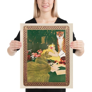 May include: A vintage poster featuring a woman in a green dress lying on a bed of flowers with a tiger standing behind her. The poster has a gold and purple border with a repeating pattern.