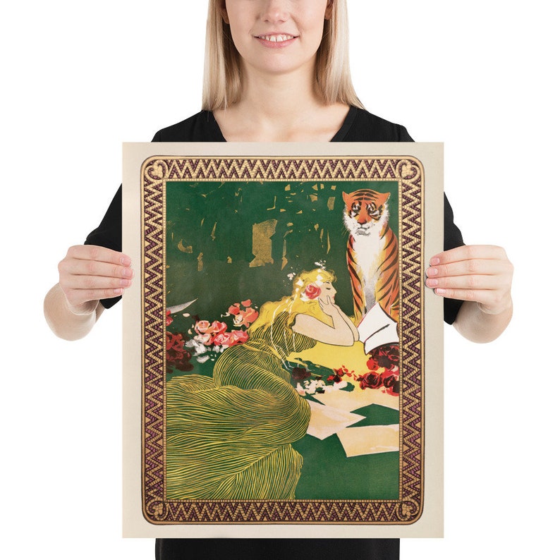 May include: A vintage poster featuring a woman in a green dress lying on a bed of flowers with a tiger standing behind her. The poster has a gold and purple border with a repeating pattern.