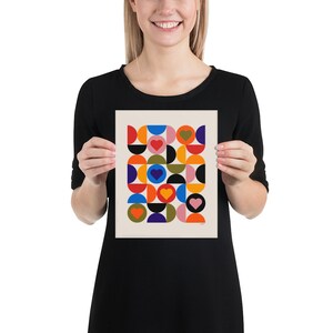 Cartel de corazones de Bauhaus, decoración de sala de estar escandinava moderna de mediados de siglo, impresión de arte abstracto en varios colores 8x10 pulgadas