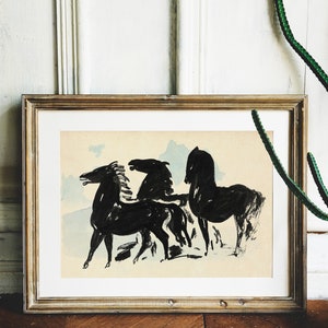 Abstract Inked Black Horses on Watercolour Background Timeless Art Print for Modern Home Decor, Thoughtful Gift Idea for Horse Enthusiast image 1