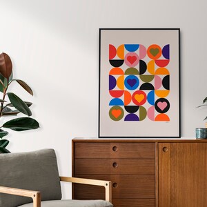 Cartel de corazones de Bauhaus, decoración de sala de estar escandinava moderna de mediados de siglo, impresión de arte abstracto en varios colores imagen 5