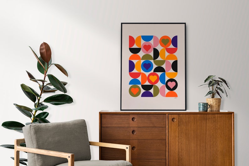 Cartel de corazones de Bauhaus, decoración de sala de estar escandinava moderna de mediados de siglo, impresión de arte abstracto en varios colores imagen 5