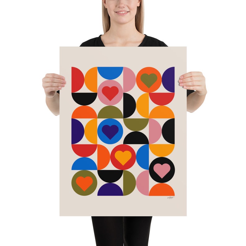 Cartel de corazones de Bauhaus, decoración de sala de estar escandinava moderna de mediados de siglo, impresión de arte abstracto en varios colores 18x24 pulgadas