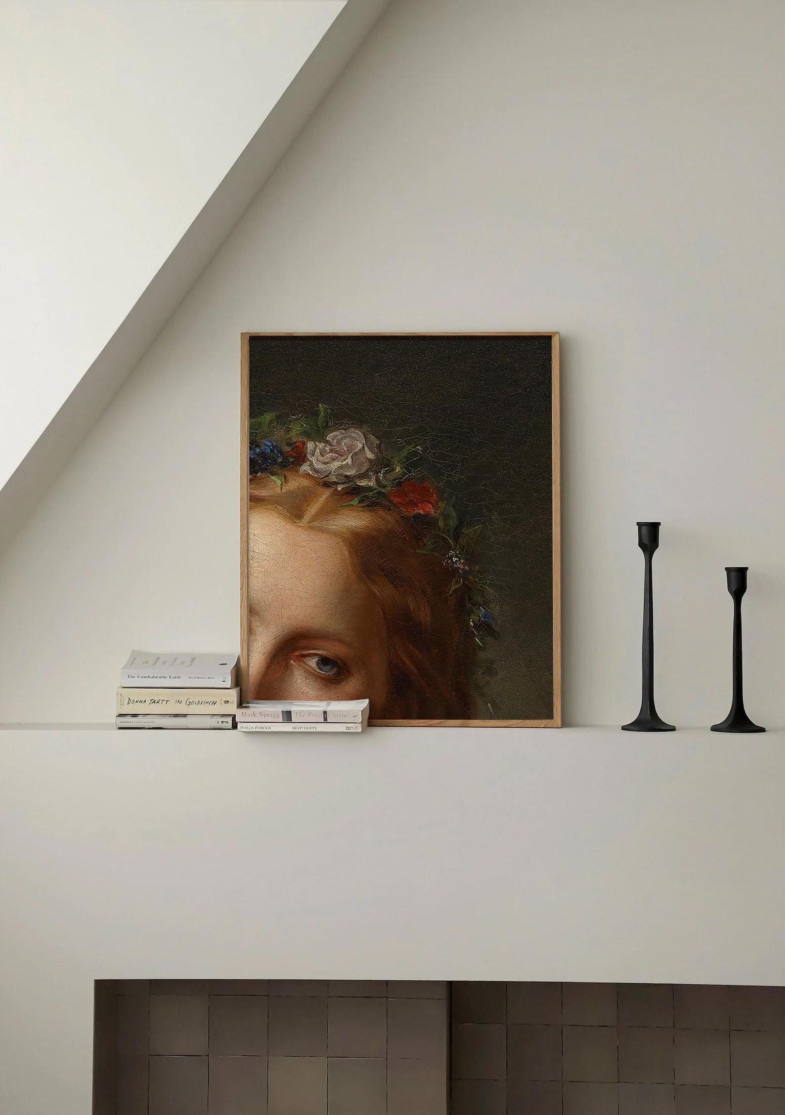 Detail of Woman wearing Flower Crown - Dark Aesthetic Decor, Baroque Wall Art, Renaissance Vintage Victorian Era Painting for Gallery Wall