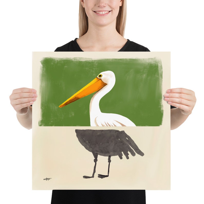 Hedendaags pelikaanportret in realistische en abstracte kunststijlen met groene kleurachtergrond, statement art print of galerie kunst aan de muur 18x18 inches