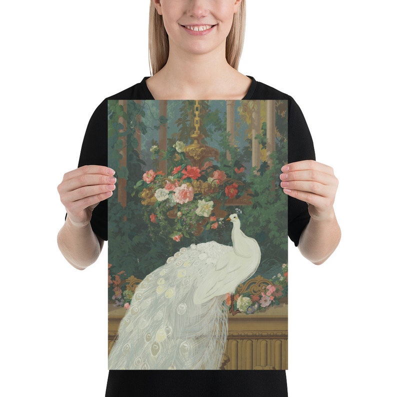 May include: A framed art print featuring a white peacock with a long, flowing tail. The peacock is set against a backdrop of lush greenery, flowers, and a decorative gold-toned structure. The artwork has a vintage aesthetic.
