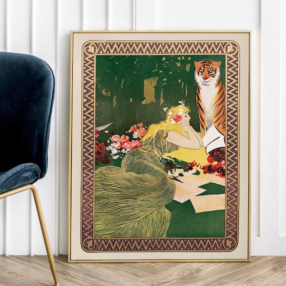 Vintage Woman and Tiger Wall Art, Romantic Green & Gold Print with Ornate Border, Hollywood Regency Style Statement for Classic or Eclectic