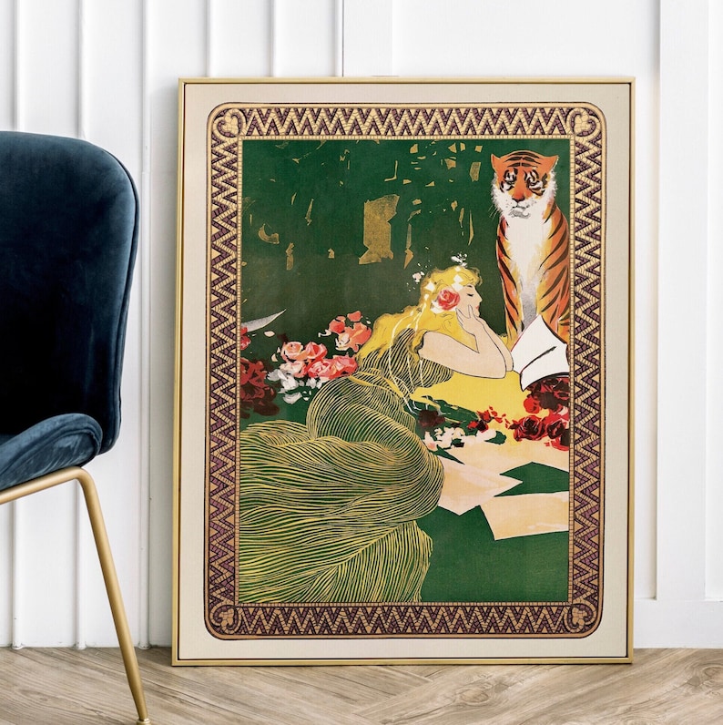 May include: A vintage art print featuring a woman in a green and gold dress with a tiger standing behind her. The woman is holding a book and looking at the tiger. The background is a green forest with flowers.