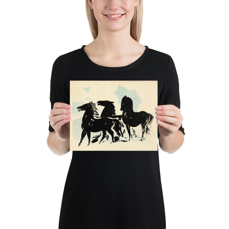 Abstract Inked Black Horses on Watercolour Background Timeless Art Print for Modern Home Decor, Thoughtful Gift Idea for Horse Enthusiast 8x10 inches