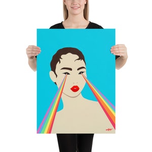 She See's Rainbows A Colorful Modern Pop Art Style Decor Statement or Quirky Indie Gallery Wall Piece of Woman with Rainbow Burst Eyes 18x24 inches