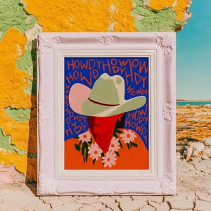 Howdy Cowgirl Wall Art Print - Bold Pop Art Western Woman with Cowboy Hat and Flowers, Bright Colorful Country Decor for Fun Modern Homes