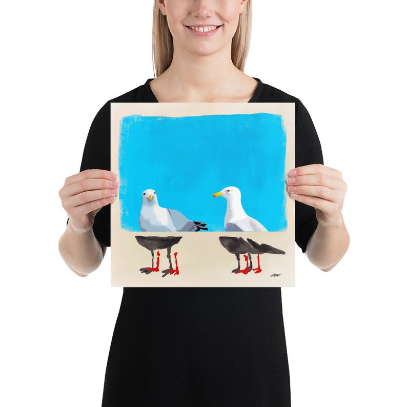 Contemporary Seagull Portrait in Realistic and Abstract Art Styles with Blue Color Background, Statement Art Print or Gallery Wall Art 12x12 inches