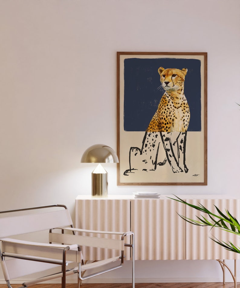 Contemporary Cheetah Drawing in Realistic and Abstract Art Styles with Charcoal Blue Background, Statement Art Print or Gallery Wall Art image 5