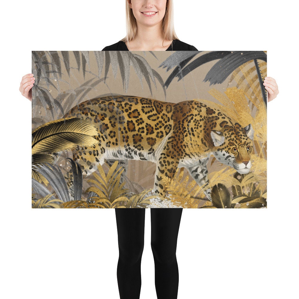 Vintage Leopard Wall Art With Gold Ferns – Art Nouveau Jungle
