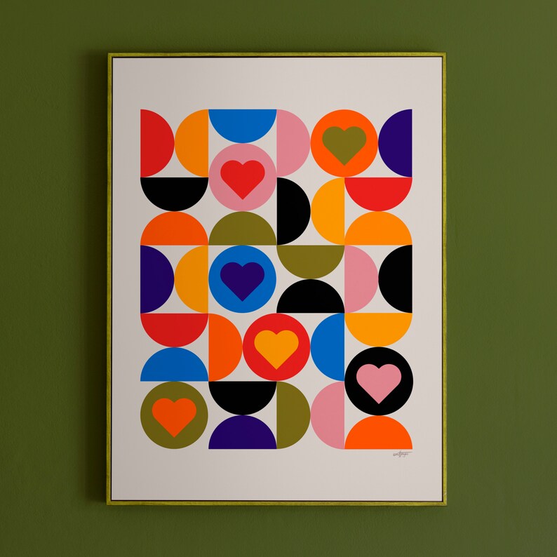 Cartel de corazones de Bauhaus, decoración de sala de estar escandinava moderna de mediados de siglo, impresión de arte abstracto en varios colores imagen 2