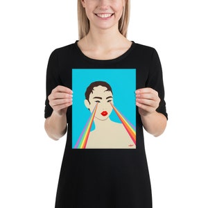 She See's Rainbows A Colorful Modern Pop Art Style Decor Statement or Quirky Indie Gallery Wall Piece of Woman with Rainbow Burst Eyes 8x10 inches
