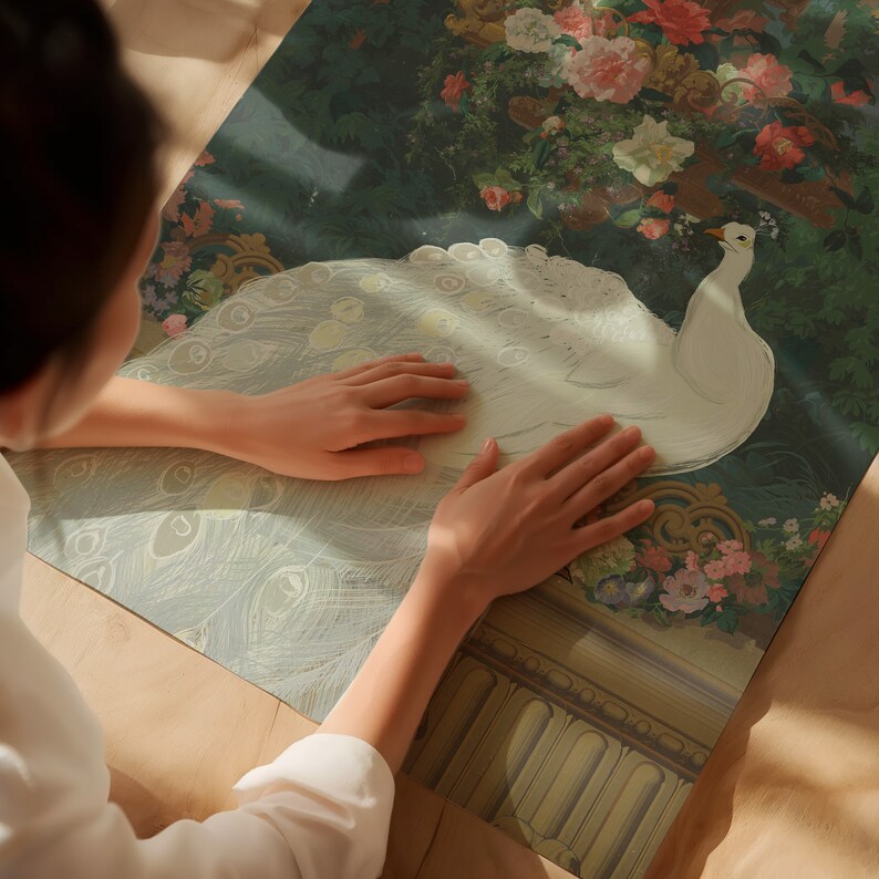 May include: A large, rectangular print featuring a white peacock with its tail feathers spread. The artwork has a floral background with a garden scene and a decorative architectural element. The color palette includes shades of green, white, and pink.