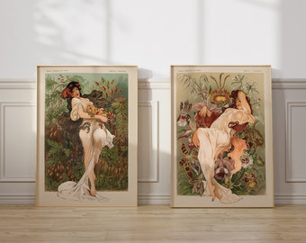Set of 2 Alphonse Mucha Art Nouveau Women set within a Vintage Floral Illustration - Classic Luxury Hollywood Glamour Artwork for Home Decor